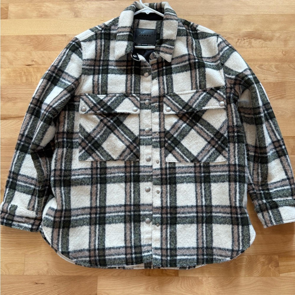 Blank NYC Black and White and olive Plaid Shirt Jacket
